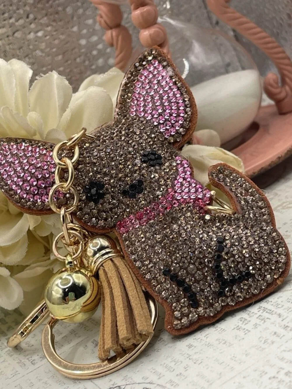 Bling Pink Brown Sparkling Rhinestone Chihuahua Keychain Gold Purse charm Gift